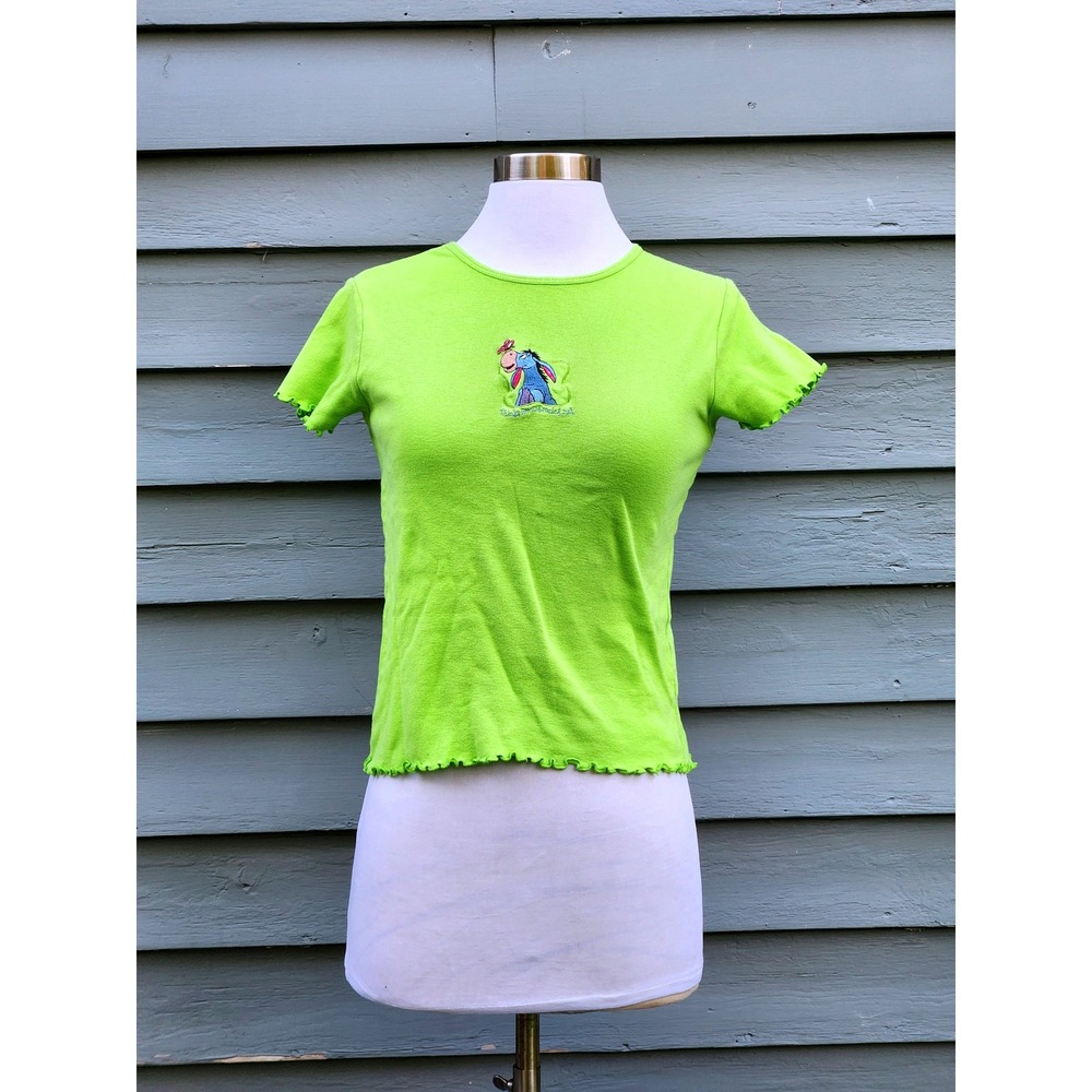 Vintage 90s Y2K Disney Pooh Eeyore Baby Tee Lime Green Lettuce Edge Size M